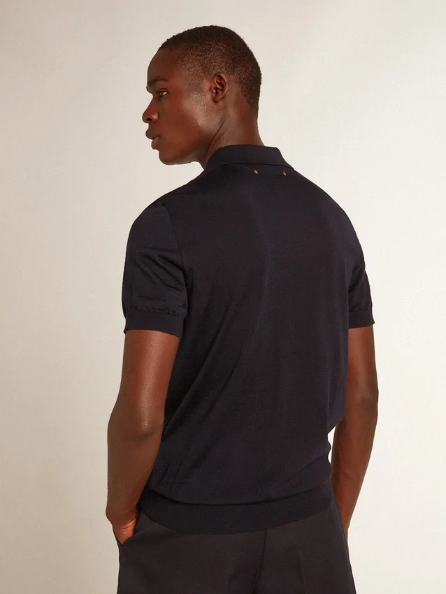 Kurzärmeliges Herren-Polohemd aus marineblauer Merinowolle