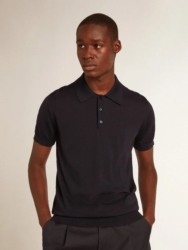 Kurzärmeliges Herren-Polohemd aus marineblauer Merinowolle