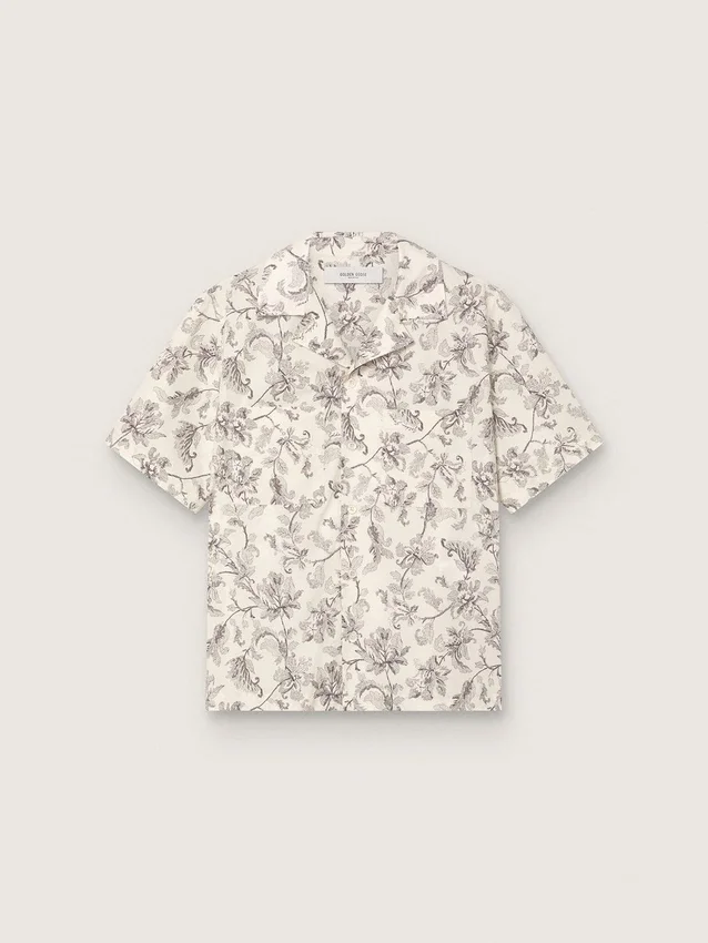 Kurzärmeliges Herrenhemd aus Baumwolle mit schwarz-weissem Blumenprint