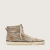 LAB-Slide-Sneaker für Damen aus tabakfarbenem Wildleder mit Kristallen und einem Stern aus tabakfarbenem Wildleder