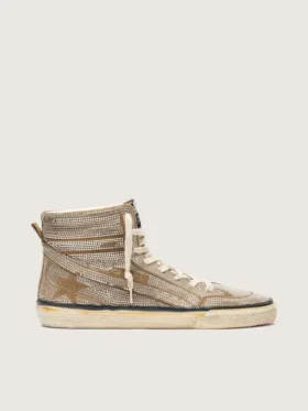 LAB-Slide-Sneaker für Damen aus tabakfarbenem Wildleder mit Kristallen und einem Stern aus tabakfarbenem Wildleder