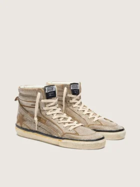LAB-Slide-Sneaker für Damen aus tabakfarbenem Wildleder mit Kristallen und einem Stern aus tabakfarbenem Wildleder