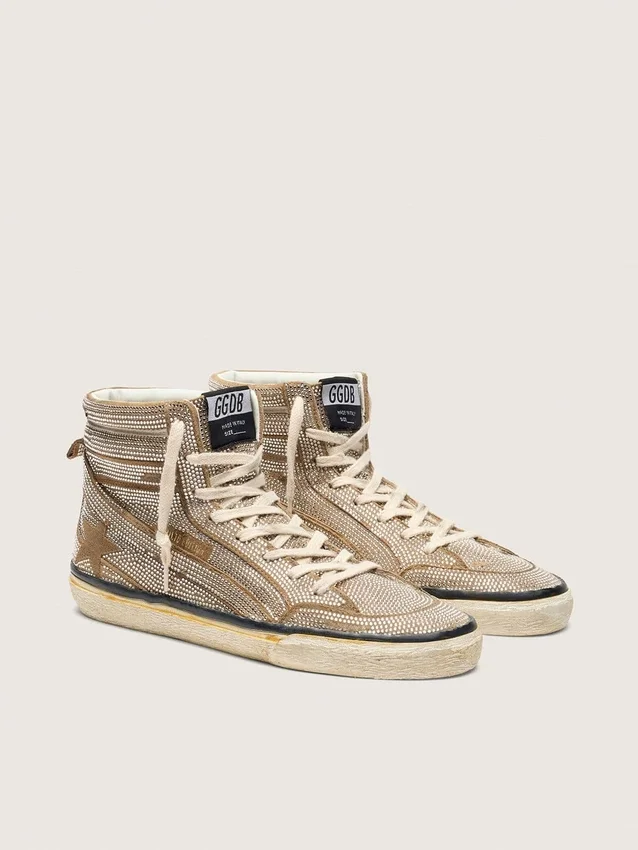 LAB-Slide-Sneaker für Damen aus tabakfarbenem Wildleder mit Kristallen und einem Stern aus tabakfarbenem Wildleder