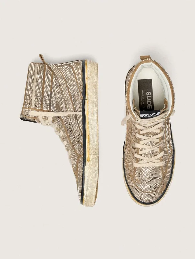 LAB-Slide-Sneaker für Damen aus tabakfarbenem Wildleder mit Kristallen und einem Stern aus tabakfarbenem Wildleder