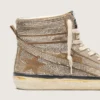 LAB-Slide-Sneaker für Damen aus tabakfarbenem Wildleder mit Kristallen und einem Stern aus tabakfarbenem Wildleder