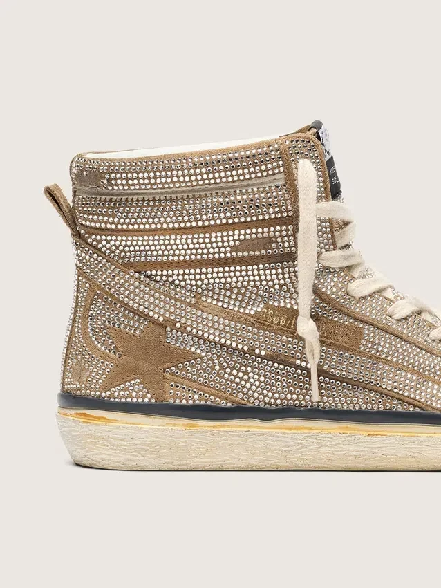 LAB-Slide-Sneaker für Damen aus tabakfarbenem Wildleder mit Kristallen und einem Stern aus tabakfarbenem Wildleder