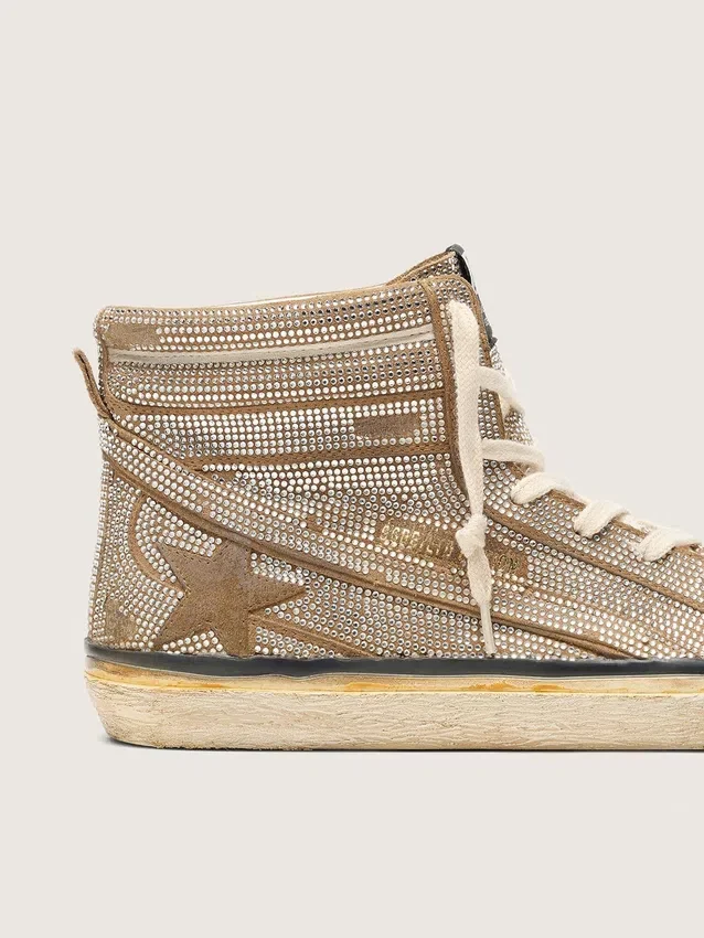 LAB-Slide-Sneaker für Herren aus tabakfarbenem Wildleder mit Kristallen und einem Stern aus tabakfarbenem Wildleder