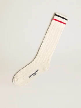 Lange gerippte Socken in Vintage-Weiss mit zweifarbigen Streifen