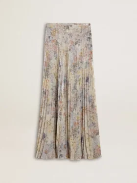 Langer Plisseerock für Damen mit mehrfarbigem Blumenprint aus Pailletten