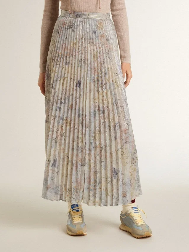 Langer Plisseerock für Damen mit mehrfarbigem Blumenprint aus Pailletten