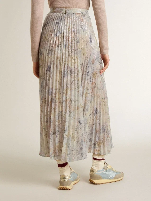 Langer Plisseerock für Damen mit mehrfarbigem Blumenprint aus Pailletten