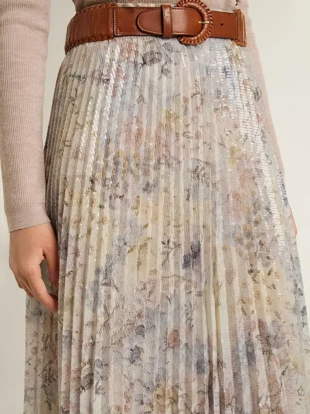 Langer Plisseerock für Damen mit mehrfarbigem Blumenprint aus Pailletten