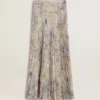 Langer Plisseerock für Damen mit mehrfarbigem Blumenprint aus Pailletten