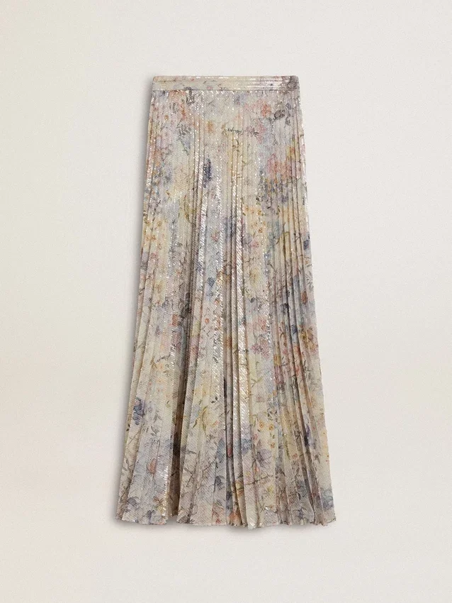 Langer Plisseerock für Damen mit mehrfarbigem Blumenprint aus Pailletten