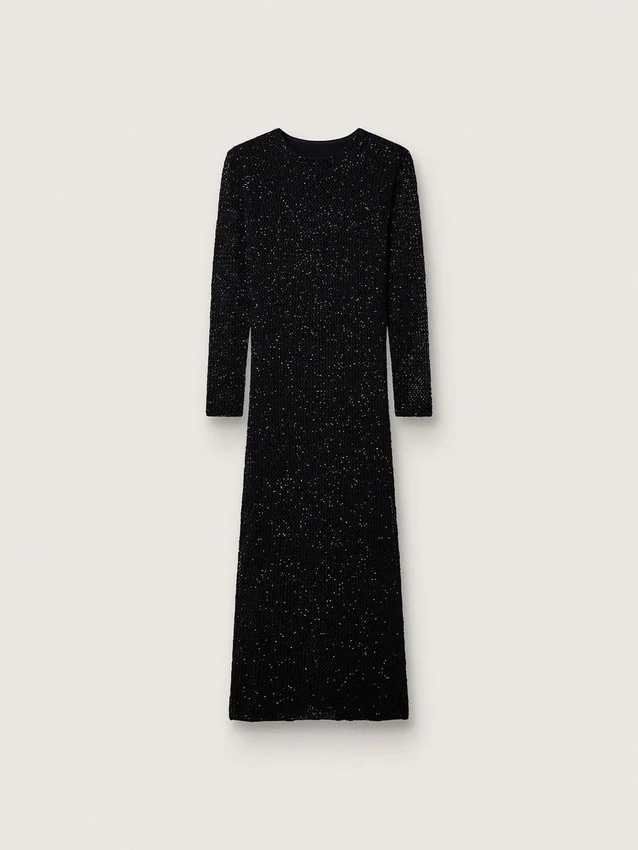 Langes Damenkleid aus schwarzem Mesh mit schwarzen Pailletten