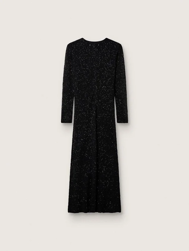 Langes Damenkleid aus schwarzem Mesh mit schwarzen Pailletten