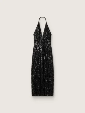 Langes Damenkleid aus Tüll mit Blumenstickerei aus schwarzen Pailletten
