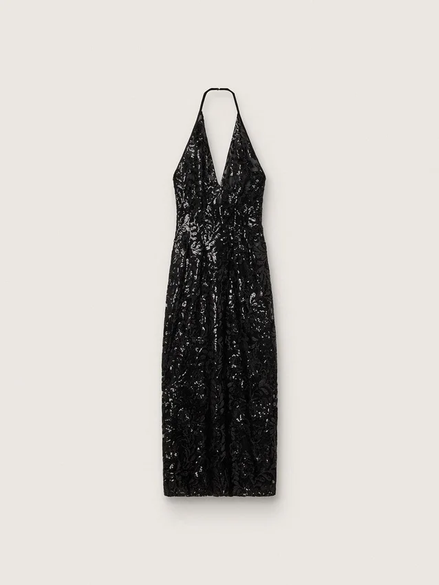 Langes Damenkleid aus Tüll mit Blumenstickerei aus schwarzen Pailletten