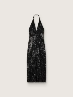 Langes Damenkleid aus Tüll mit Blumenstickerei aus schwarzen Pailletten