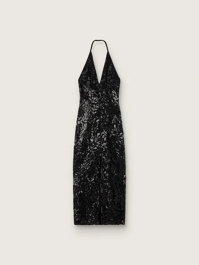 Langes Damenkleid aus Tüll mit Blumenstickerei aus schwarzen Pailletten