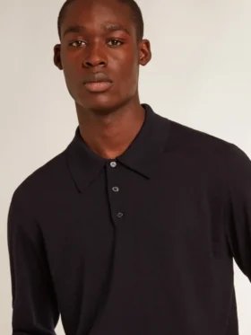 Langärmliges Herren-Polohemd aus marineblauer Merinowolle