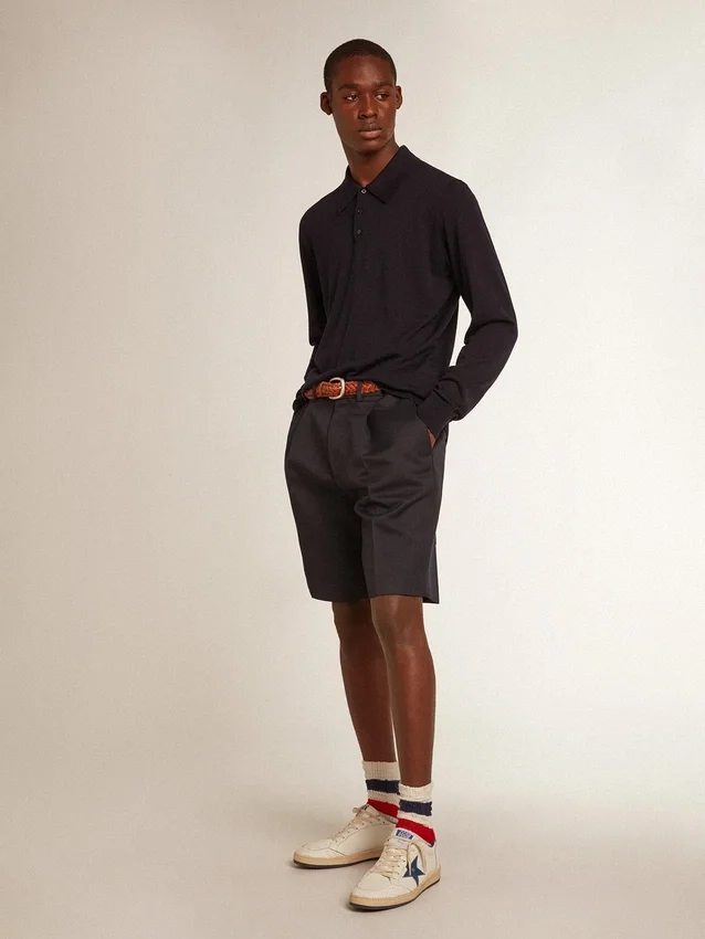Langärmliges Herren-Polohemd aus marineblauer Merinowolle