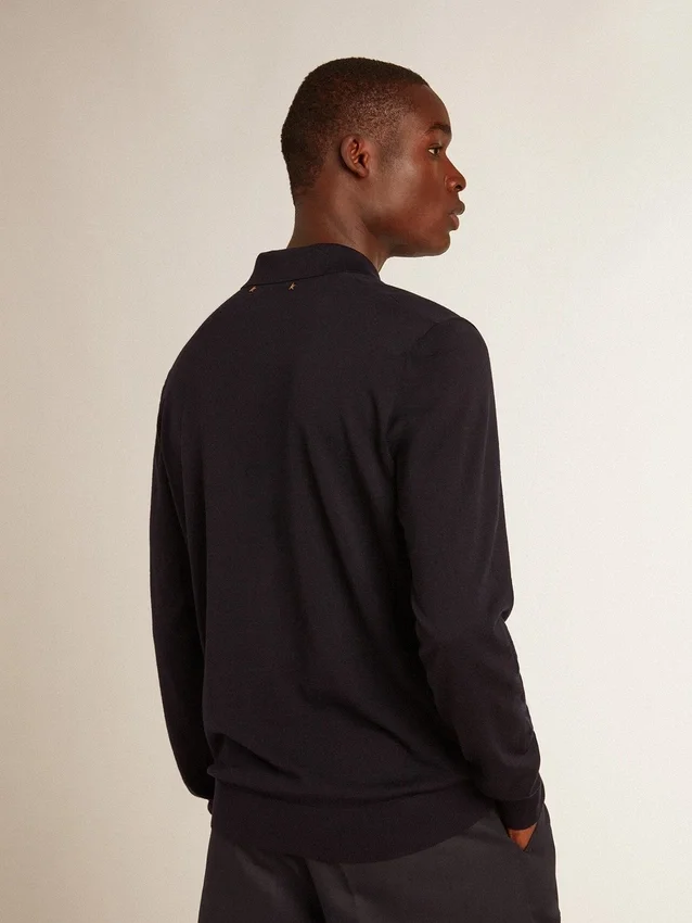 Langärmliges Herren-Polohemd aus marineblauer Merinowolle