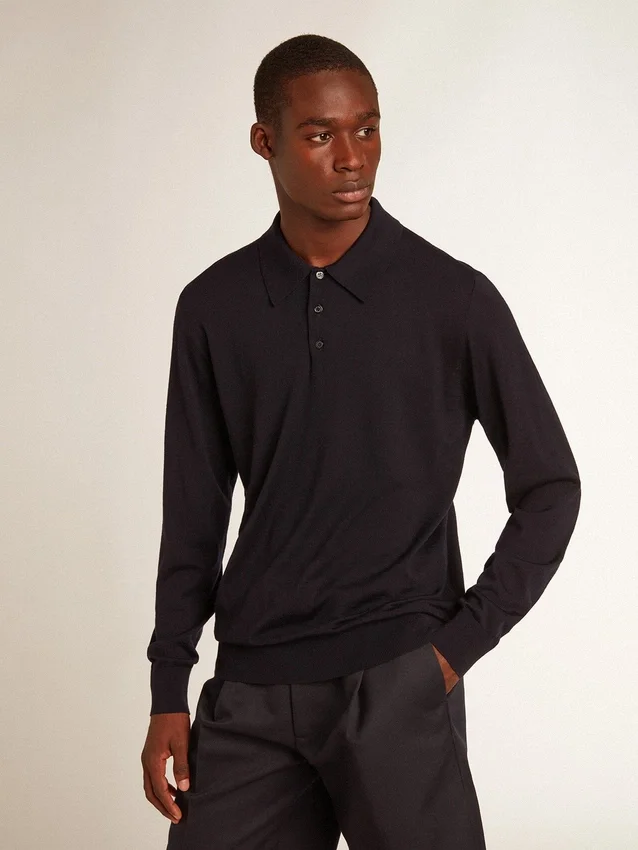 Langärmliges Herren-Polohemd aus marineblauer Merinowolle