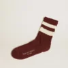 Lila Socken mit Used-Look-Details und abgenutzten weissen Streifen