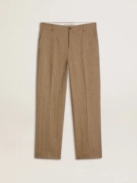 Massgeschneiderte Hose aus sandfarbener Leinenmischung mit Chevron-Muster