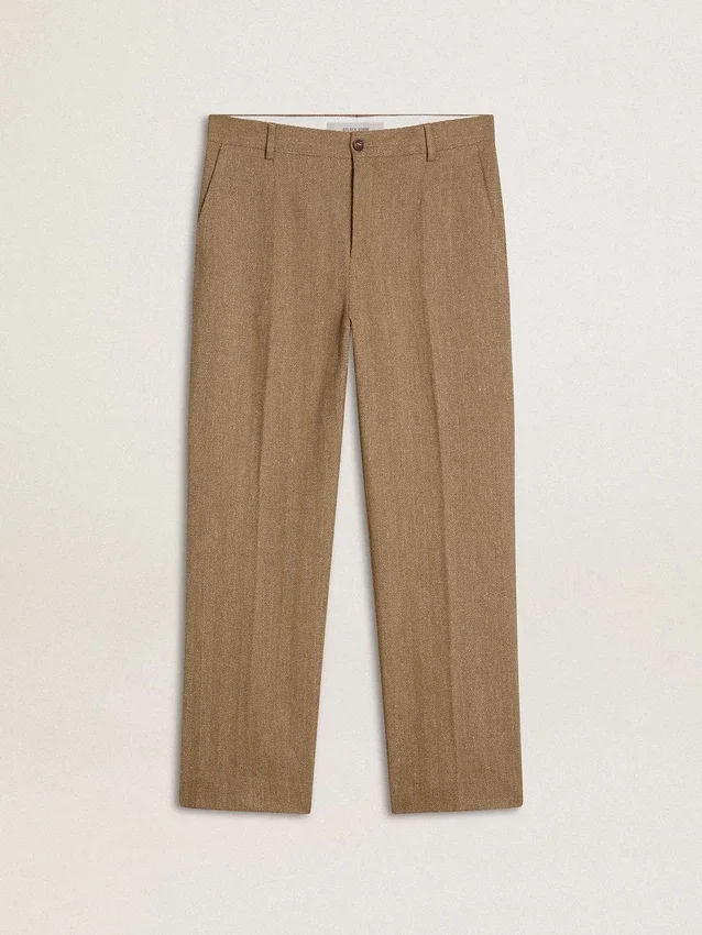 Massgeschneiderte Hose aus sandfarbener Leinenmischung mit Chevron-Muster