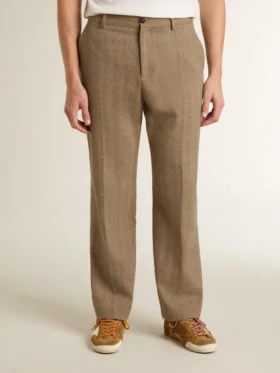 Massgeschneiderte Hose aus sandfarbener Leinenmischung mit Chevron-Muster