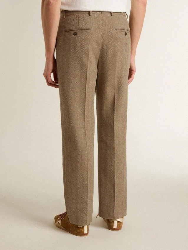 Massgeschneiderte Hose aus sandfarbener Leinenmischung mit Chevron-Muster