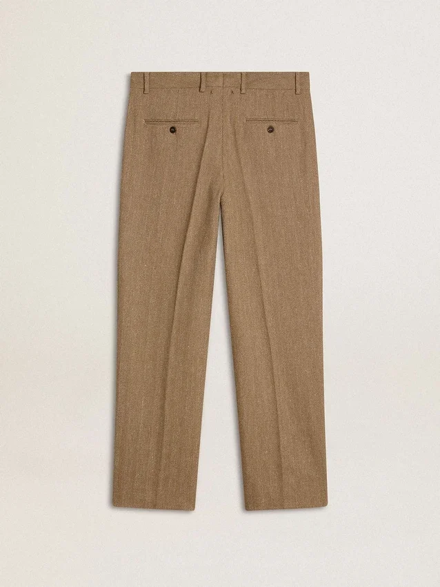 Massgeschneiderte Hose aus sandfarbener Leinenmischung mit Chevron-Muster