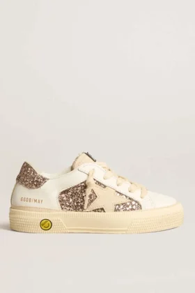 May Teen aus weissem Leder und roségoldfarbenem Glitzer mit beigem Stern aus Wildleder