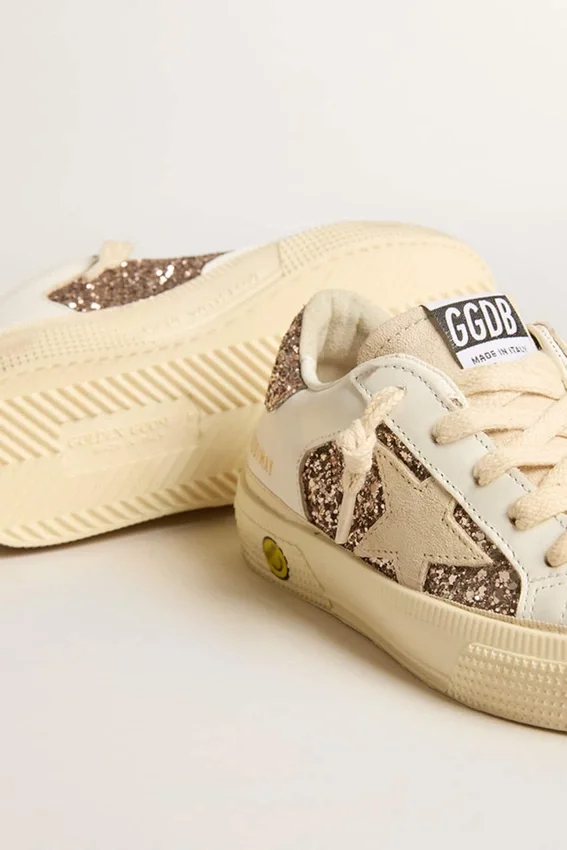 May Teen aus weissem Leder und roségoldfarbenem Glitzer mit beigem Stern aus Wildleder