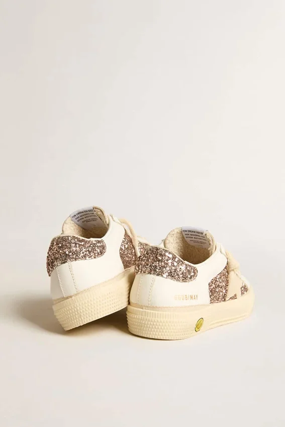 May Teen aus weissem Leder und roségoldfarbenem Glitzer mit beigem Stern aus Wildleder