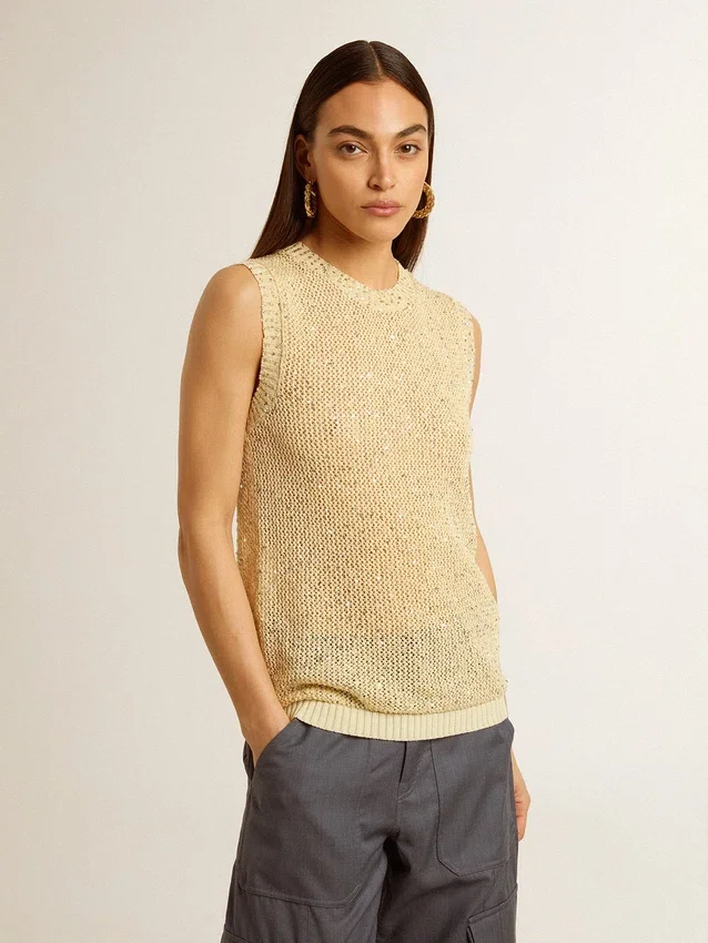 Mesh-Strickoberteil mit Pailletten und kontrastierenden Details