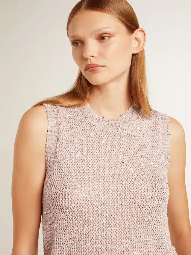 Mesh-Strickoberteil mit Pailletten und kontrastierenden Details