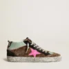 Mid Star aus Ponyfell mit Leopardenmuster und fuchsiafarbenem Lederstern