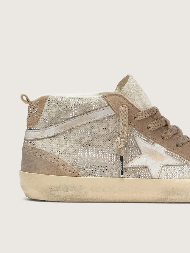 Mid Star für Damen aus beigem Wildleder mit silbernen Swarovski-Steinen und weissem Lederstern
