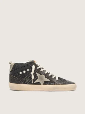 Mid Star für Damen in schwarzem Glitzer mit taubengrauem Stern aus Wildleder und Fersenlasche