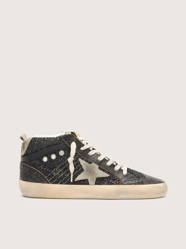 Mid Star für Damen in schwarzem Glitzer mit taubengrauem Stern aus Wildleder und Fersenlasche