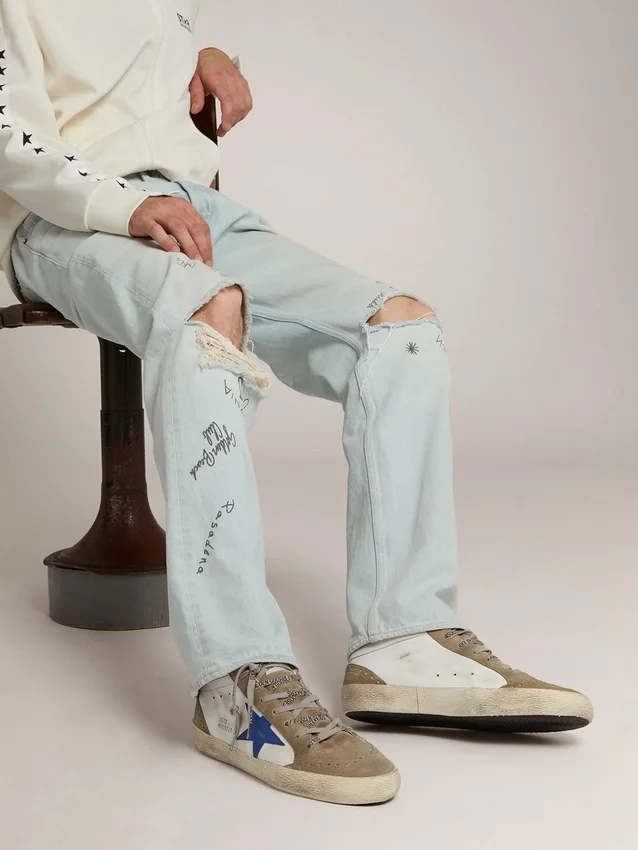 Mid Star für Herren mit blauem Lederstern und taubengrauen Wildledereinsätzen
