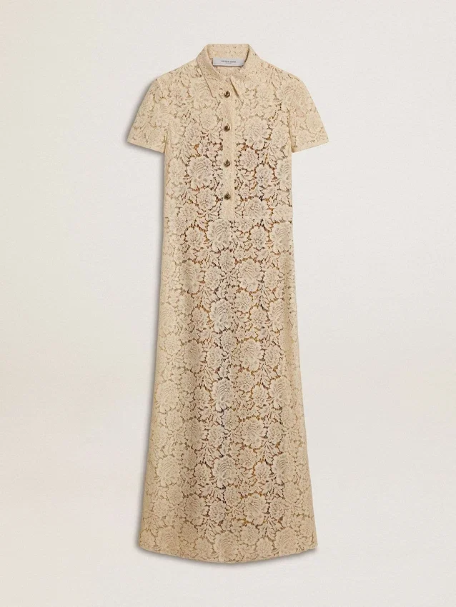 Midi-Kleid für Damen aus cremefarbener, durchsichtiger Spitze
