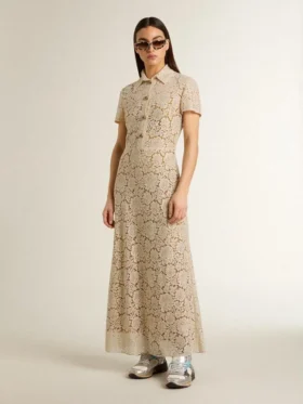 Midi-Kleid für Damen aus cremefarbener, durchsichtiger Spitze