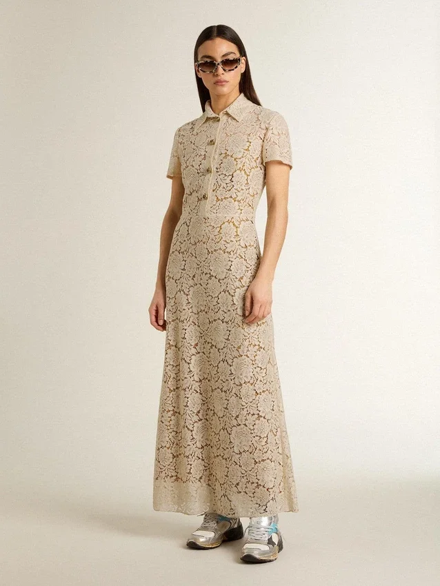 Midi-Kleid für Damen aus cremefarbener, durchsichtiger Spitze
