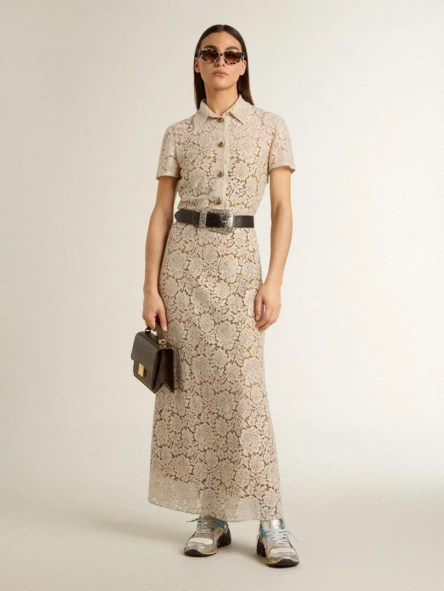 Midi-Kleid für Damen aus cremefarbener, durchsichtiger Spitze