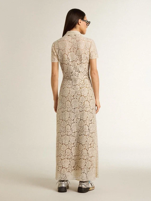 Midi-Kleid für Damen aus cremefarbener, durchsichtiger Spitze