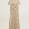 Midi-Kleid für Damen aus cremefarbener, durchsichtiger Spitze